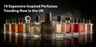 Collection of luxury-inspired perfume bottles showcasing expensive inspired perfumes trending in the UK with premium designer inspired fragrances