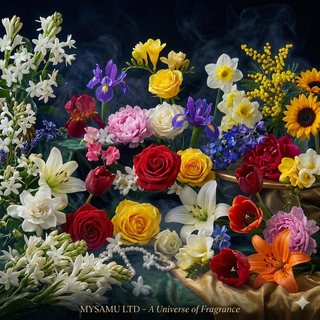 Vibrant floral perfume ingredients featuring red roses, white lilies, and spring blossoms on a dark elegant background.