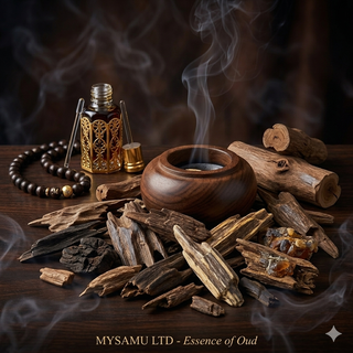 Premium Woody Perfume Collection - High-quality Oud wood chips and aromatic incense smoke for woody fragrance lovers.