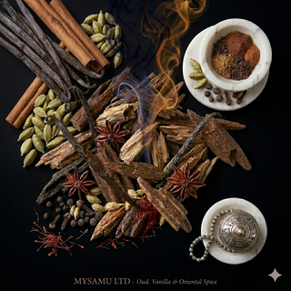 Luxury Oriental Fragrance Collection - Top view of Oud wood, cinnamon sticks, vanilla beans, and exotic spices on a dark background.