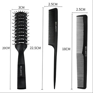 Belantti 3-Piece Hair Styling Set – Detangling Brush, Wide Tooth Comb & Rat Tail Comb (Black)