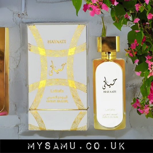 mysamu.co.uk ARABIC PERFUME Hayaati Gold Elixir Lattafa Unisex Perfumes 100 ml EDP scent bottle